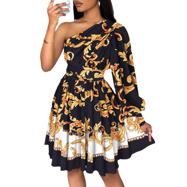 Asymmetrical A-line dress for women with decorative print Lune London