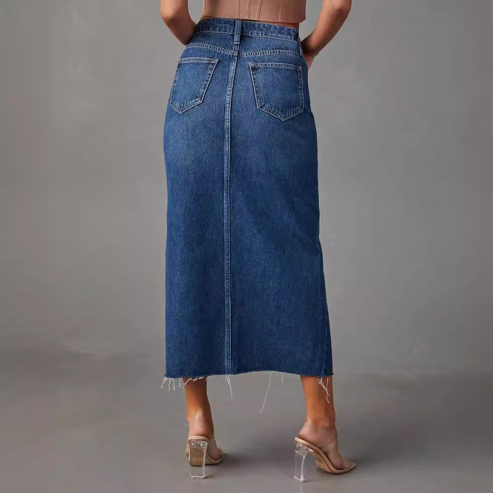 Women's high-cut denim mid skirt with side slit and frayed hems Lune London