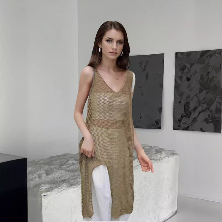 Airy knit dress for women with side slits and modern V-neck Lune London