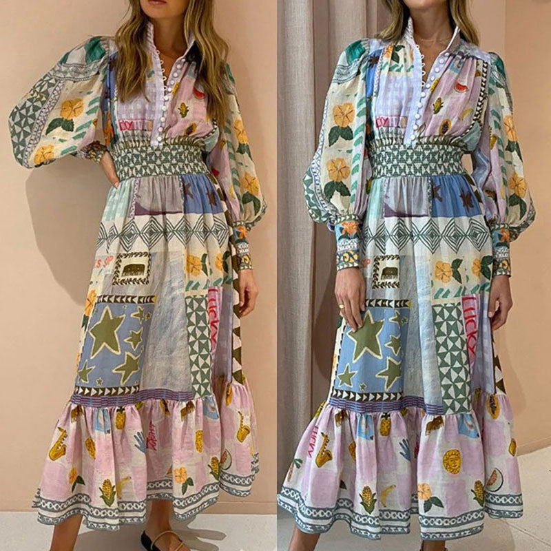 Robe maxi longue pour femme avec motif patchwork coloré et manches volumineuses Chic & Stil
