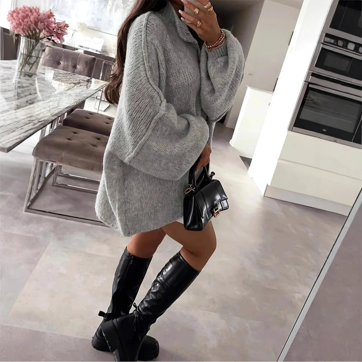Oversized knit jacket for women with elegant puff sleeves and a chic button placket