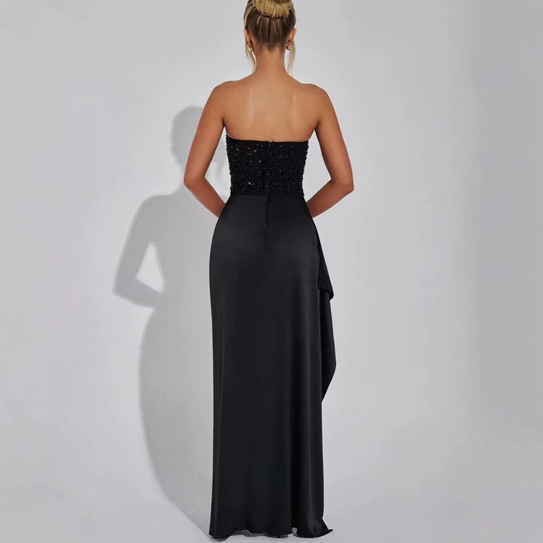 Ladies' wedding cocktail dress with shimmering top and high slit