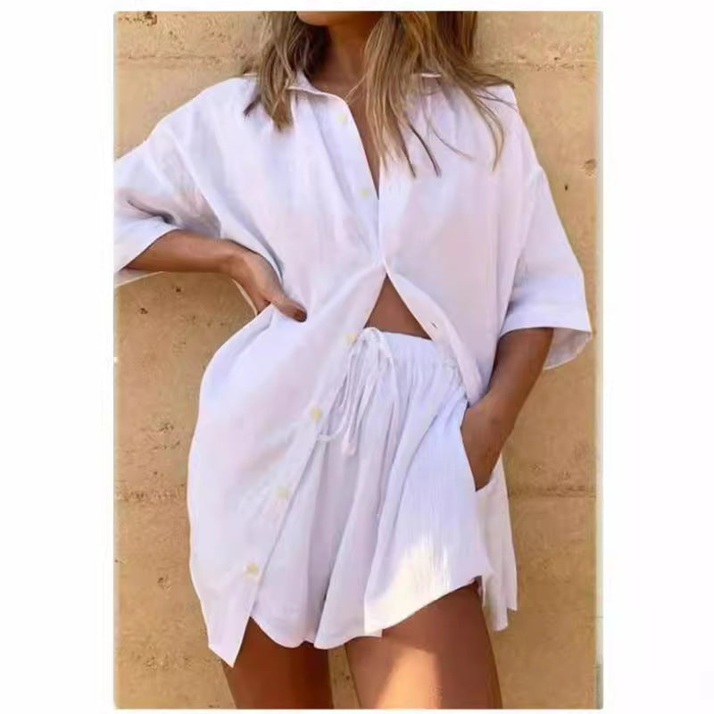 Women's Linen Blouse and Shorts Set with Relaxed Fit and Elastic Waistband Chic und Stil