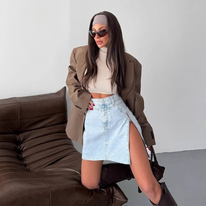 Denim skirt for women with asymmetrical hem and side zipper Lune London