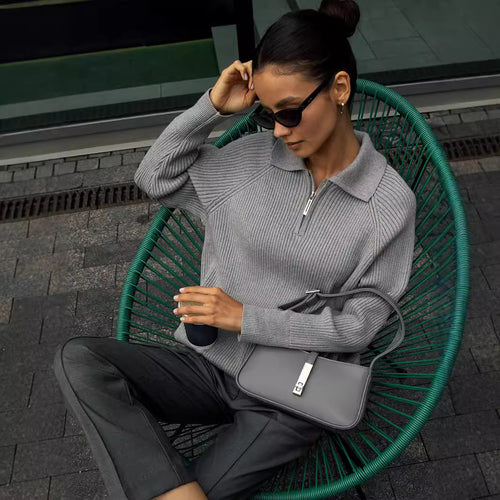 Ladies Comfortable Fine Knit Sweater with Kangaroo Pocket and Collar Lune London
