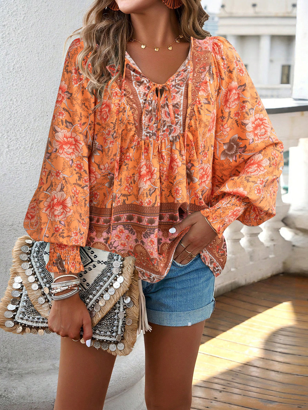 Blouse for women with floral patterns and tie neckline Lune London