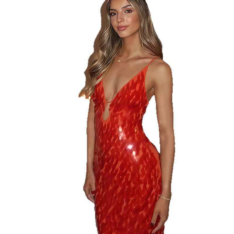 Ladies Elegant Maxi Dress with Deep Neckline and Shiny Sequins Lune London