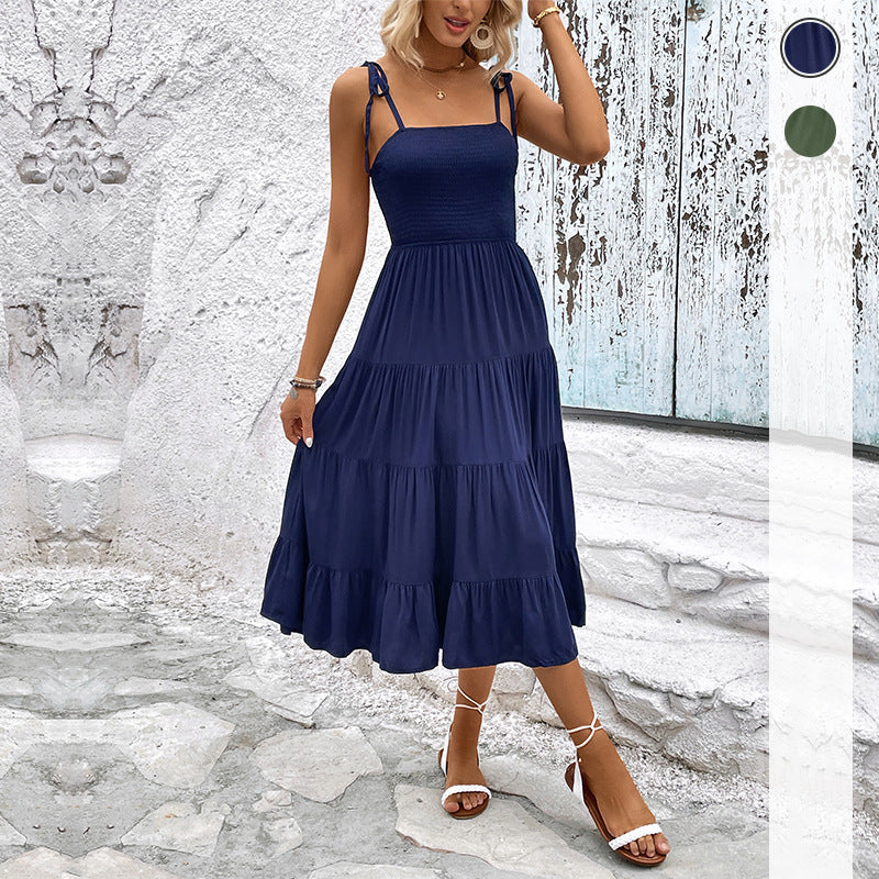 Elegant midi dress with ruffles for women with adjustable straps Lune London