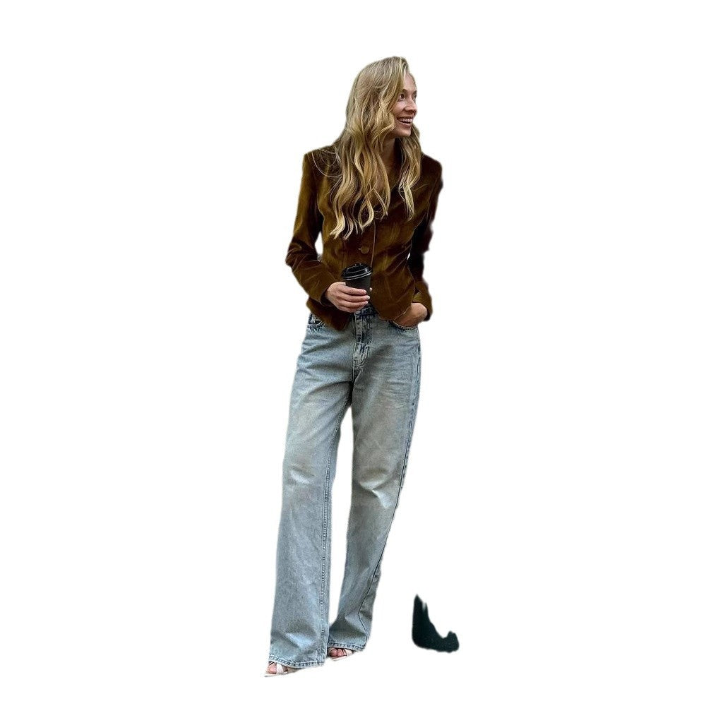 Elegant blazer jacket for women with double button closure and soft sheen effects Lune London