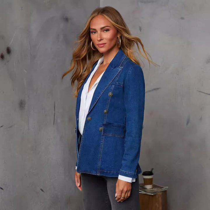 Women's Denim Blazer In Elegant Double-Breasted Style Lune London