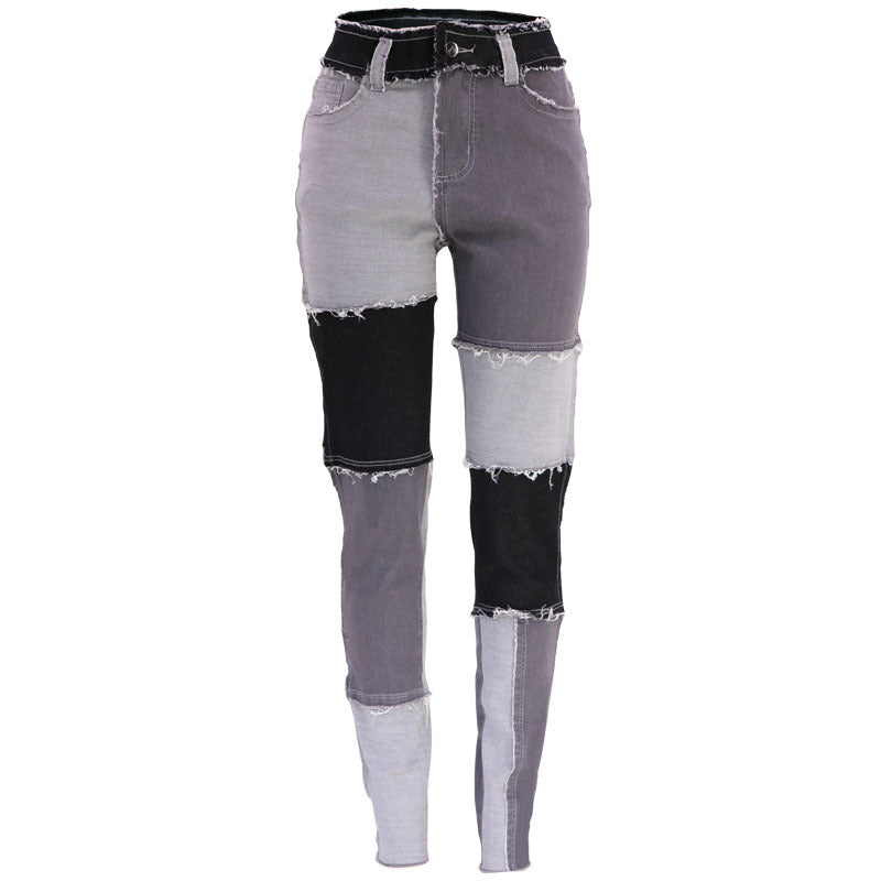 Women's jeans pants with trendy patchwork design, high waist and fitted cut Lune London