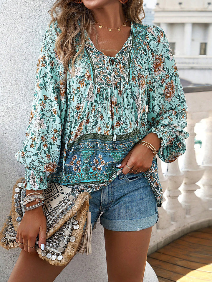 Blouse for women with floral patterns and tie neckline Lune London