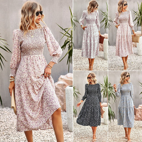 Women Floral Midi Dress with Gathered Waist and Long Sleeves Lune London