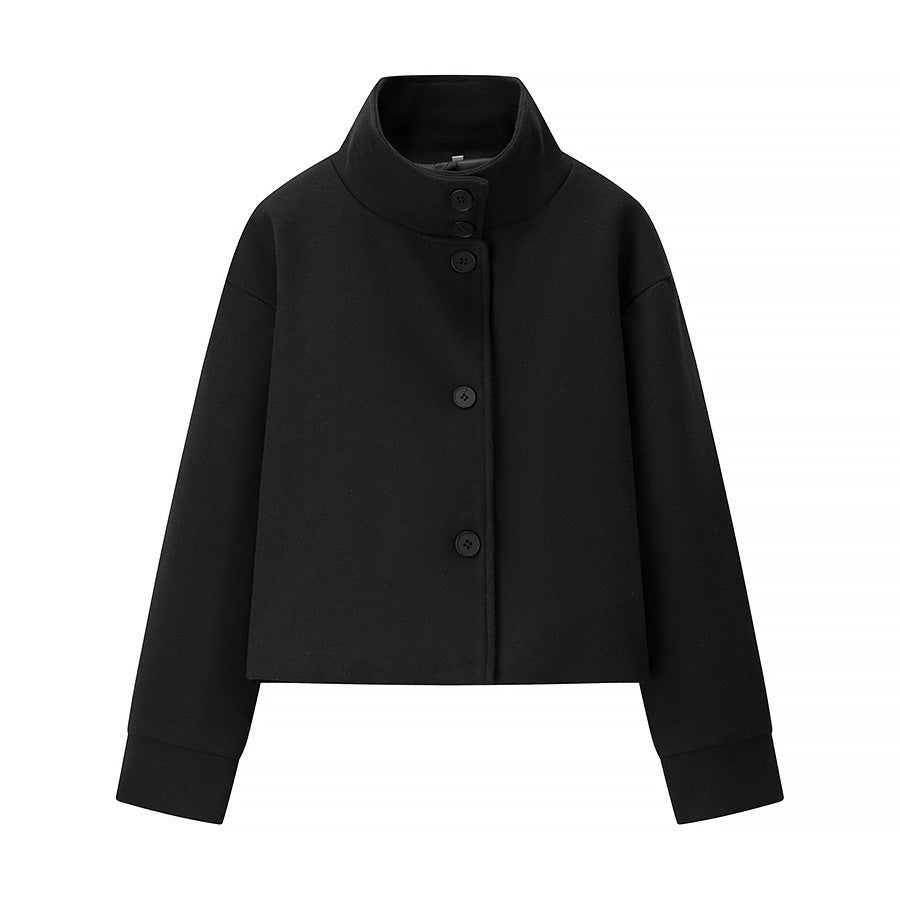 Elegant women's short jacket with high collar and simple button details Lune London