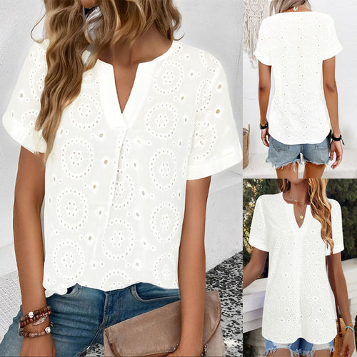 Women's shirt with openwork floral embroideries and V-neck Lune London