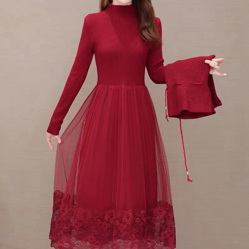 Elegant knit and tulle dress for women with floral lace finish Lune London