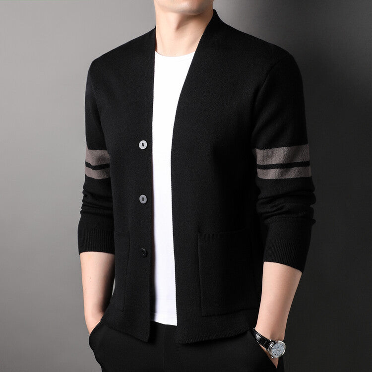 Fashion knitted cardigan for men with low collar and decorative stripes Lune London