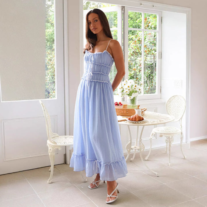 Chic & Stil Women’s Flowing Maxi Dress with Ruffle Details and Adjustable Ties
