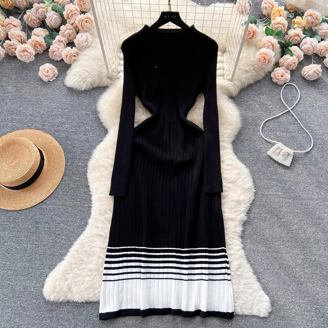 Knit dress for women with high collar and refined striped pattern Lune London