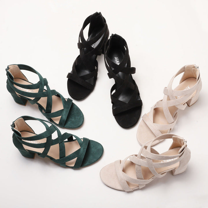 Women's sandals with stylish cross strap and comfortable block heel Lune London
