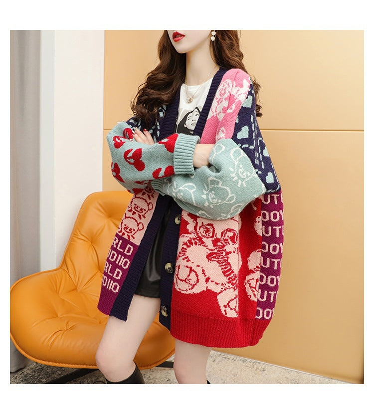 Knitted jacket for women with a vibrant pattern and practical button details Lune London