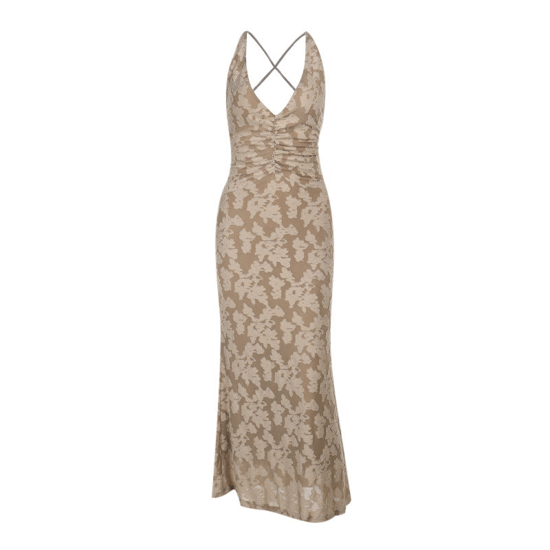 Women's figure-hugging maxi dress with floral pattern and deep V-neck