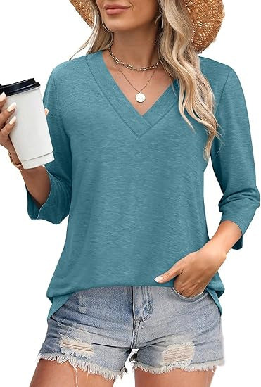 Women's V-Neck Top with Three-Quarter Sleeves and Side Slits Lune London