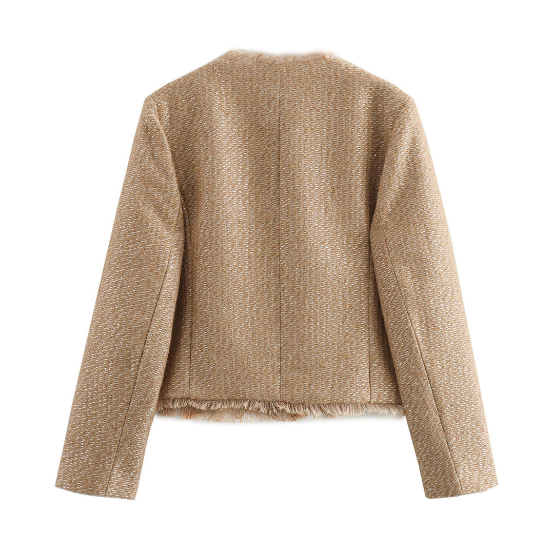Elegant women's blazer cropped with textured fabric and gold button details Lune London