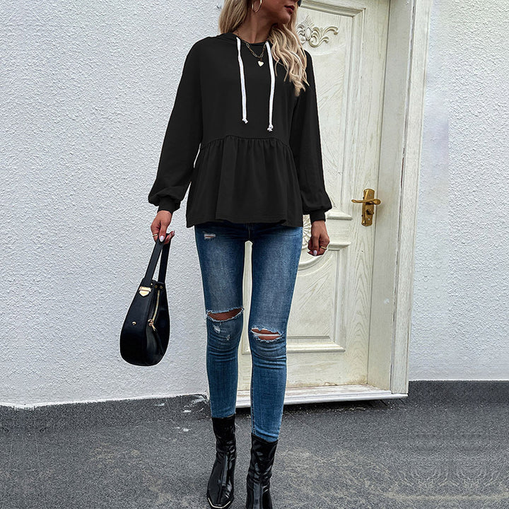 Casual hooded blouse for women with asymmetric cut and ruffle details Lune London