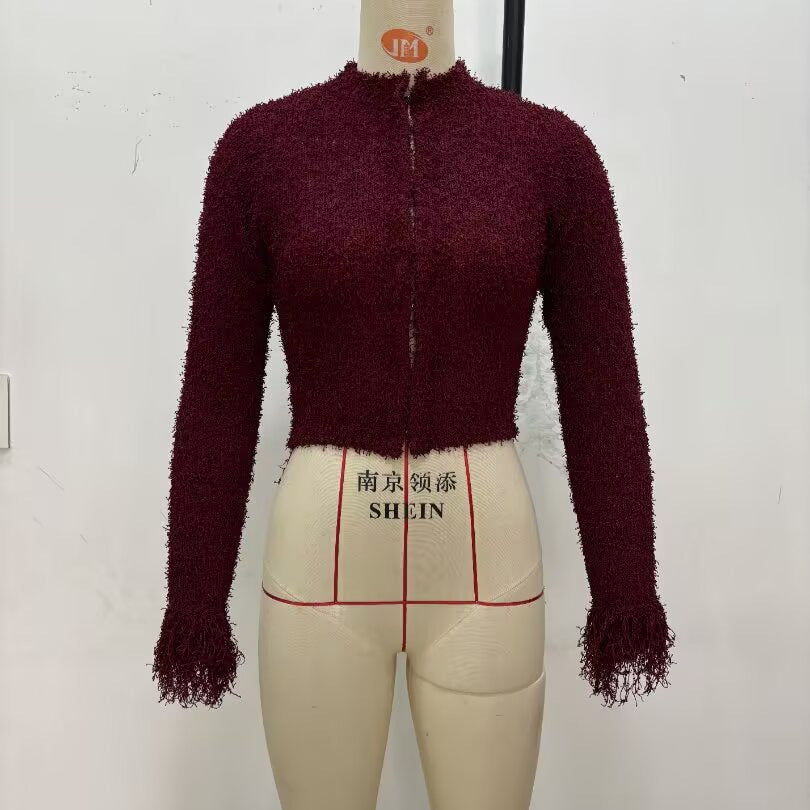 Ladies Comfortable knitted cardigan with fringed sleeves and a stylish collar Lune London