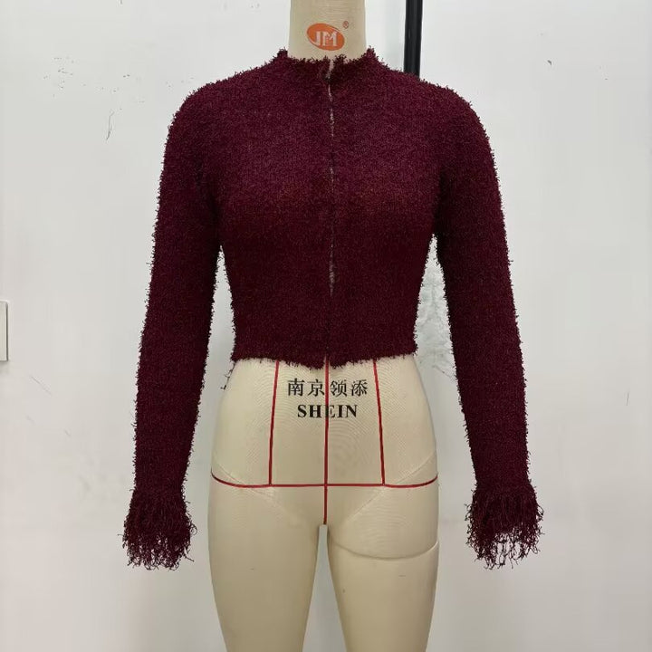 Ladies Comfortable knitted cardigan with fringed sleeves and a stylish collar Lune London