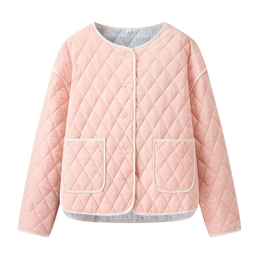 Women's quilted transition jacket with round collar and practical pockets Lune London
