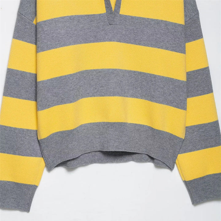 Ladies fashion sweater with polo collar and striped design Lune London