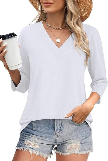 Women's V-Neck Top with Three-Quarter Sleeves and Side Slits Lune London