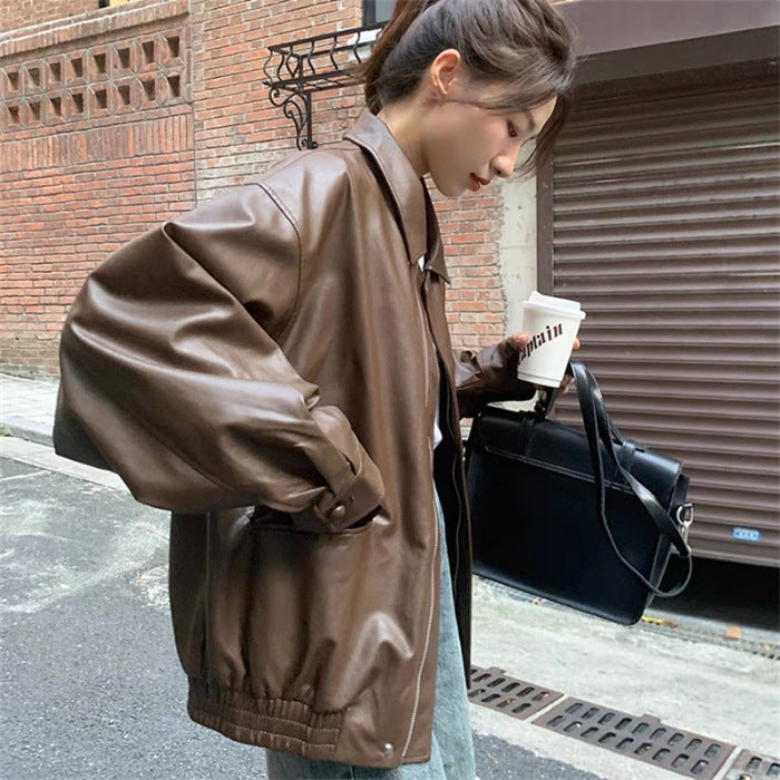 Women's Fashion Leather Jacket with Oversized Sleeves and Elastic Hem Chic & Stil