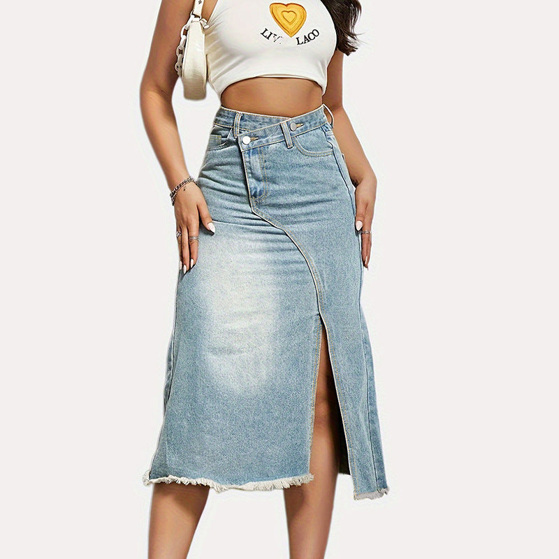 Women's midi denim skirt with high waist and stylish fringe hem
