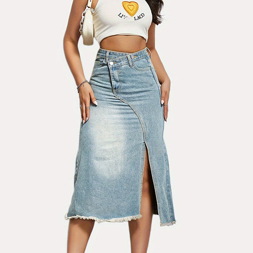 Women's midi denim skirt with high waist and stylish fringe hem