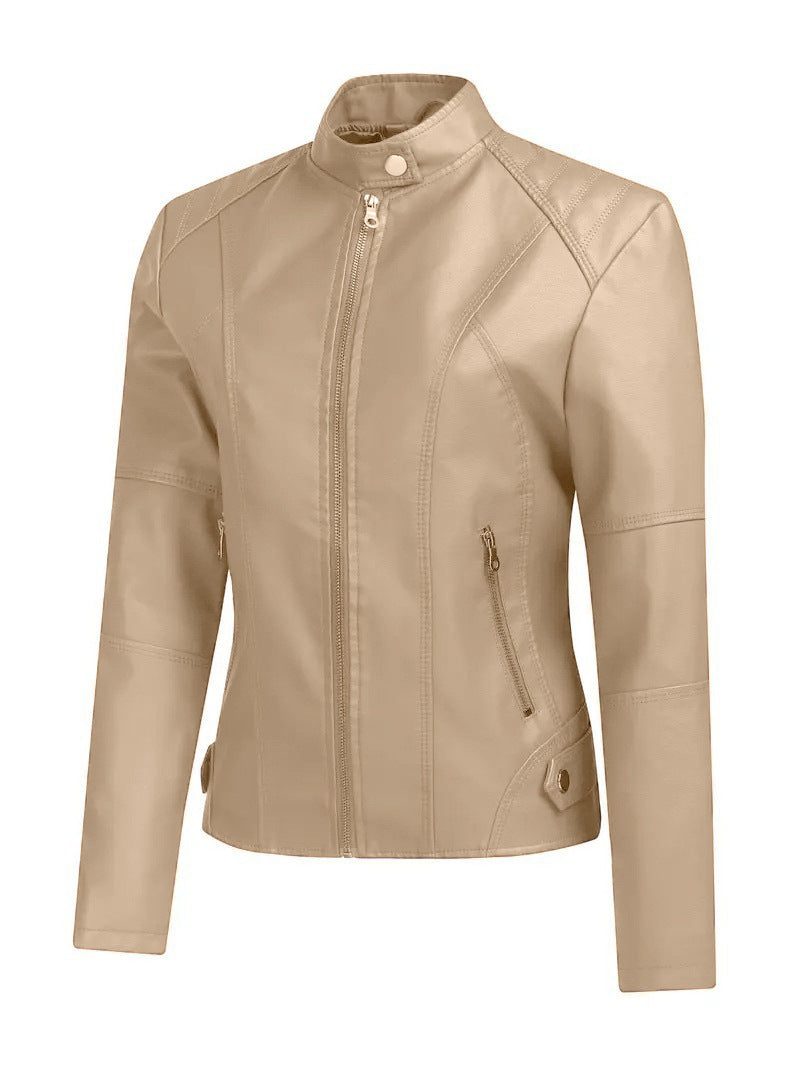 Ladies Elegant Synthetic Leather Motorcycle Jacket with High Collar and Asymmetric Zipper Lune London