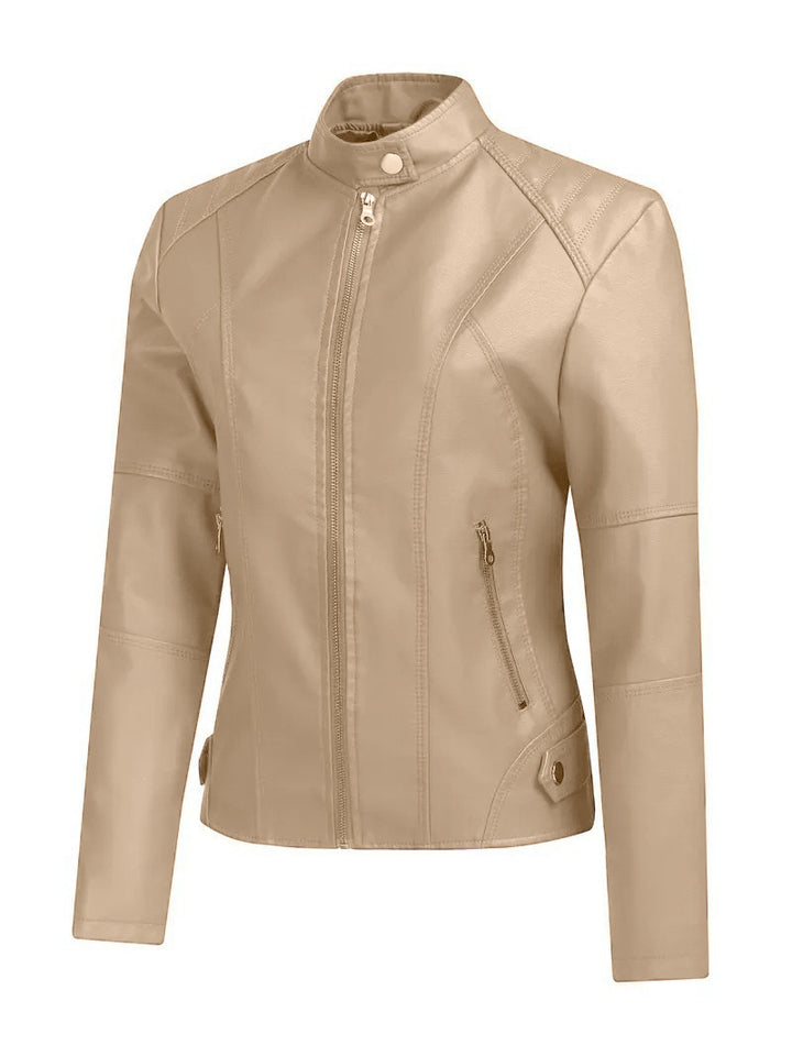 Ladies Elegant Synthetic Leather Motorcycle Jacket with High Collar and Asymmetric Zipper Lune London