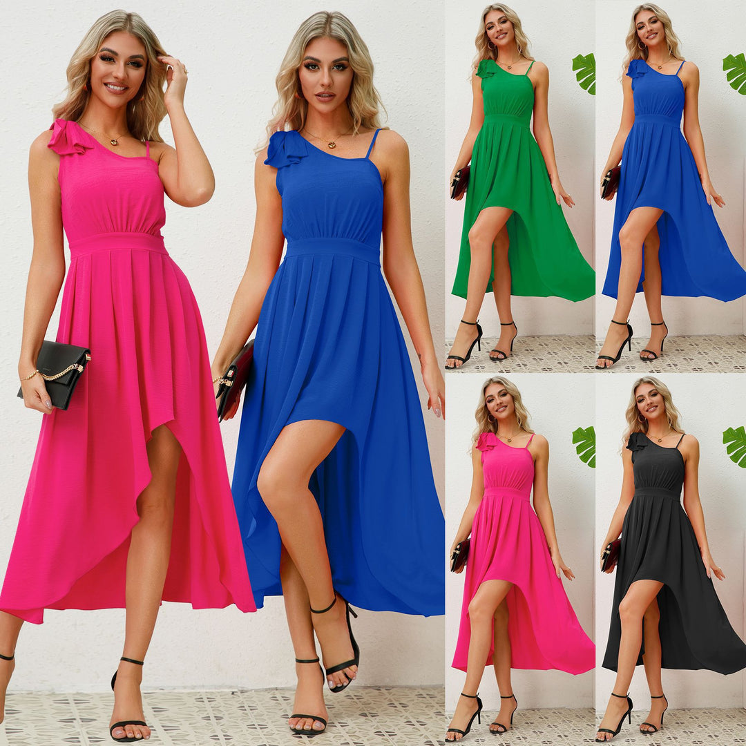 Asymmetrical maxi dress for women with shoulder detail and high slit Lune London