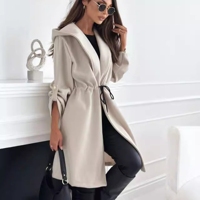 Mid-length fabric coat for women with hood and belt at the waist Lune London