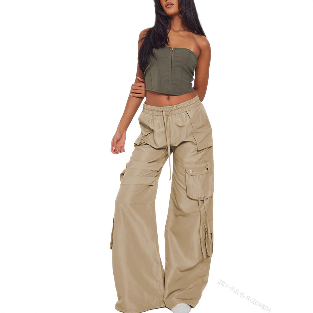 Wide cargo pants for women with elastic waistband and practical pockets Lune London