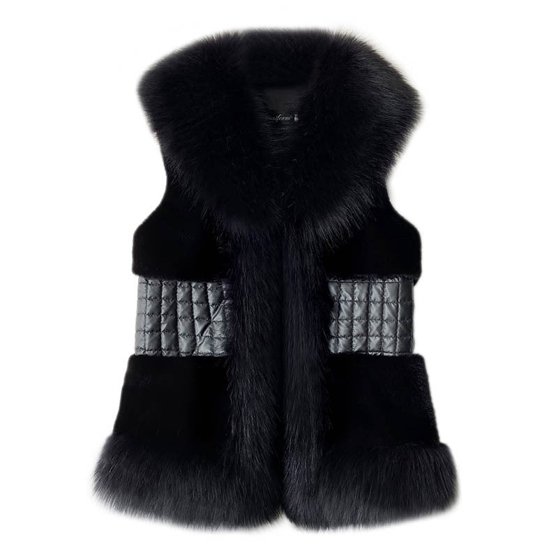 Women Elegant Faux Fur Gilet with High Collar and Shiny Belt Lune London