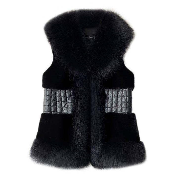 Women Elegant Faux Fur Gilet with High Collar and Shiny Belt Lune London