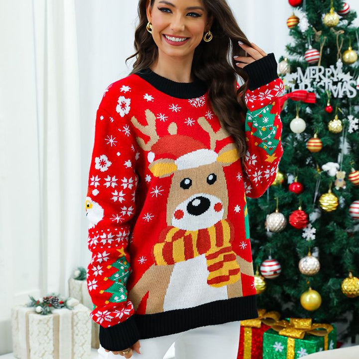 Christmas Knit Sweater for Women with Festive Reindeer Design and Detailed Colorful Patterns Lune London
