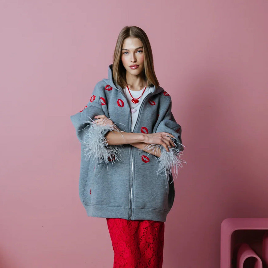 Hoodie for women with feathers and lips pattern Lune London