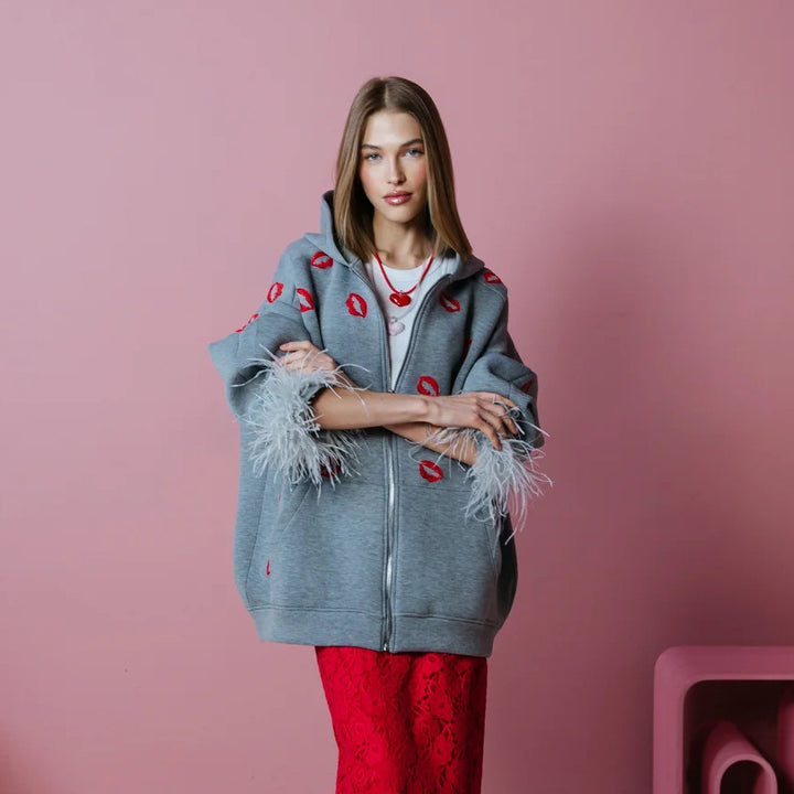 Hoodie for women with feathers and lips pattern Lune London
