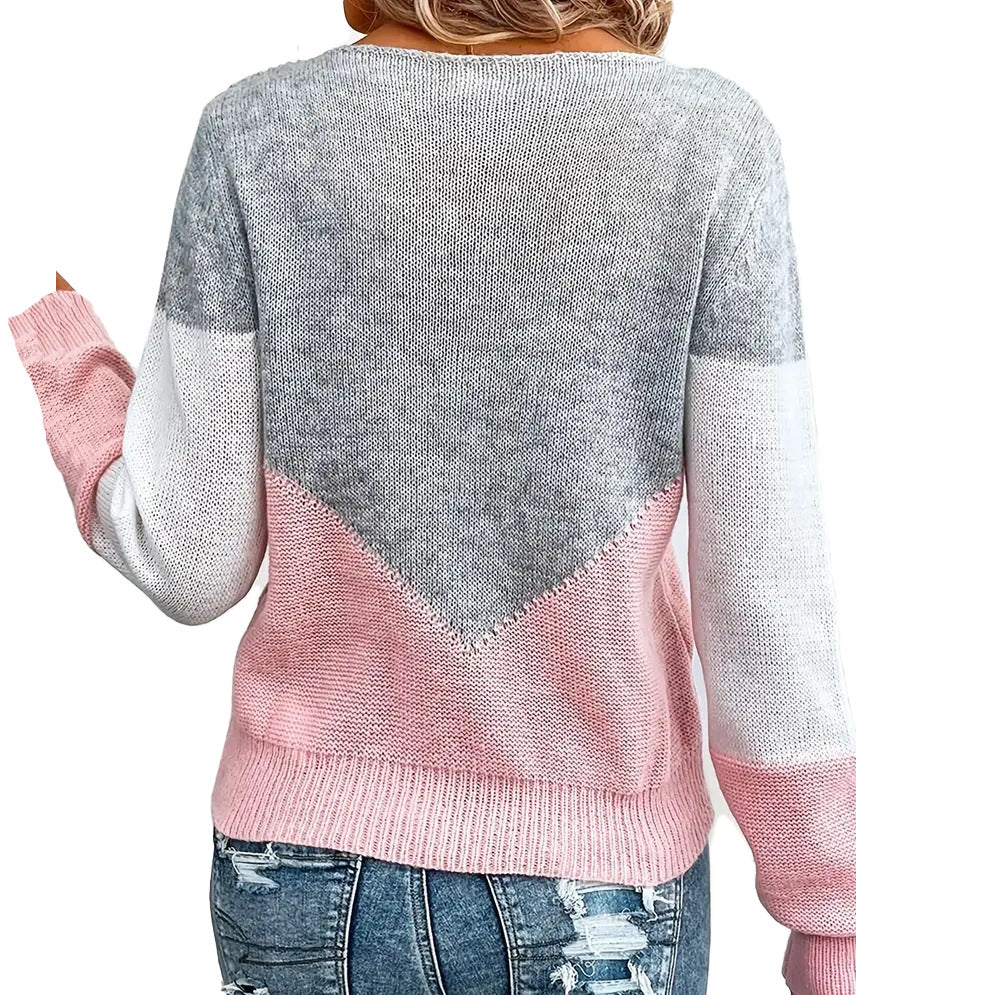 Ladies modern knit pullover with contrasting color blocks and V neck