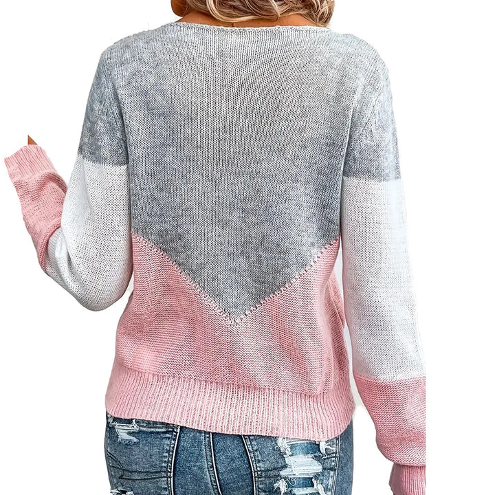 Ladies modern knit pullover with contrasting color blocks and V neck