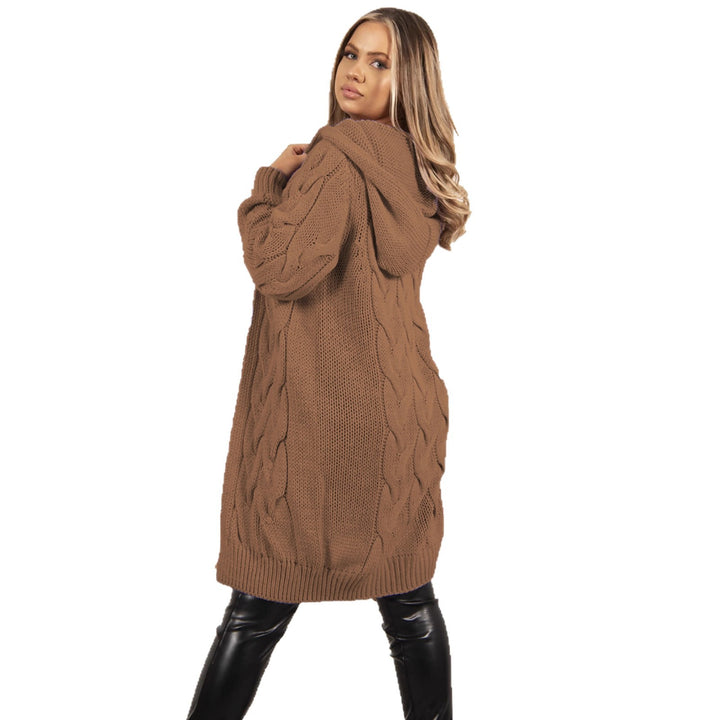 Ladies large knit wrap cardigan with hood and cable pattern Lune Londonl